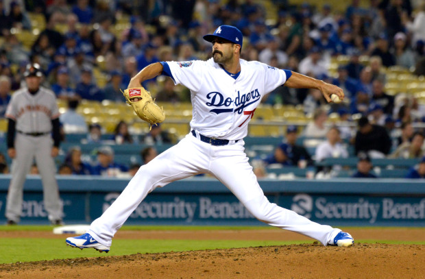 Los Angeles Dodgers relief pitcher Scott Alexander throws to the plate against San Francisco Giants in the ninth inning of a Major League Baseball game at Dodger Stadium on Saturday, March 31, 2018 in Los Angeles. Los Angeles Dodgers 5-0. (Photo by Keith Birmingham, Pasadena Star-News/SCNG)